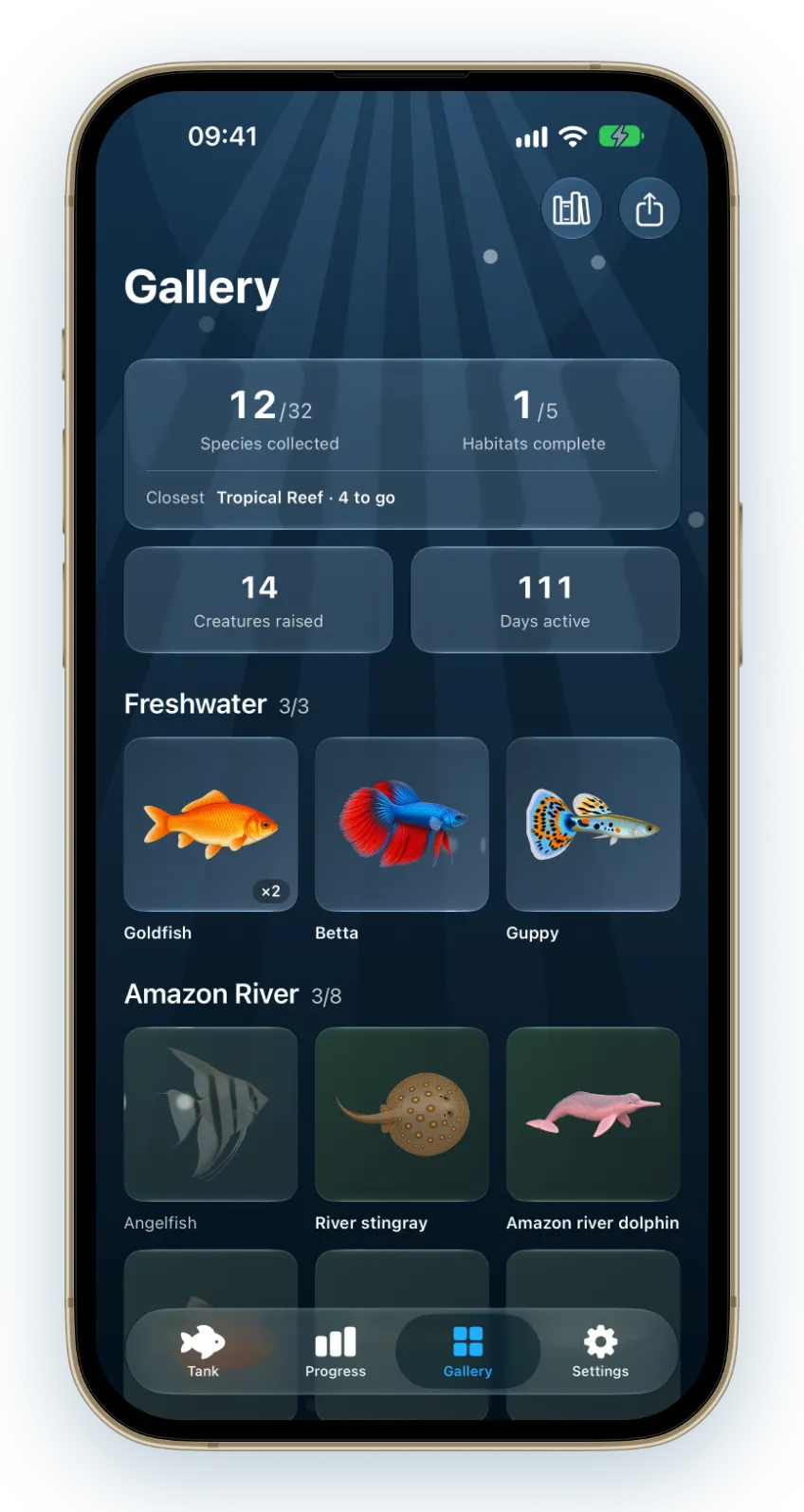 All 32 species have a slot from day one, so you always know what is left.