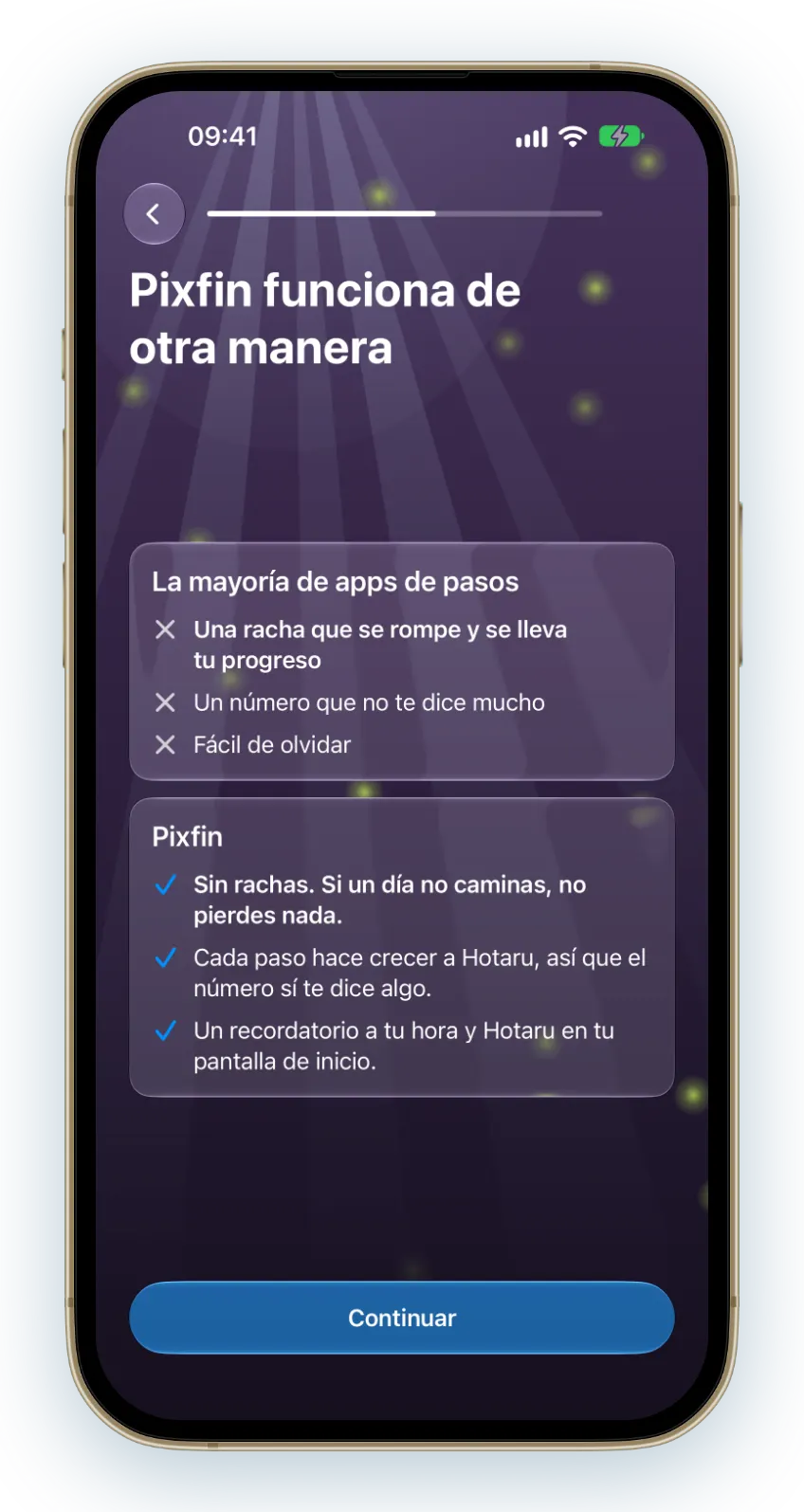 La mayoría de las apps de pasos tienen una racha que se puede romper. Pixfin no tiene ninguna, así que saltarte un día no te cuesta nada.