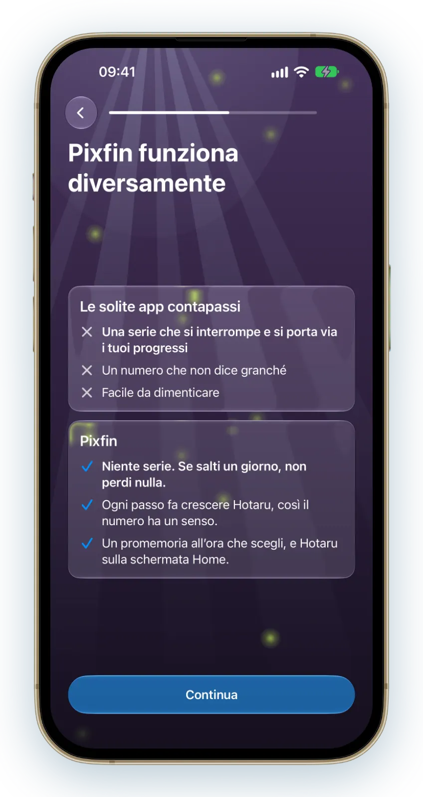 La maggior parte delle app contapassi ha una serie che si può interrompere. Pixfin non ne ha, quindi saltare un giorno non ti costa nulla.